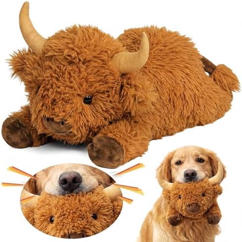 Thenshop Squeaky Dog Toys, Highland Cow Dog Toys for Small Medium Chew Stuffed Push Toy Puppy Fetch Teething Chewing Interactive to Keep Them Busy Highland Cow Birthday Gifts