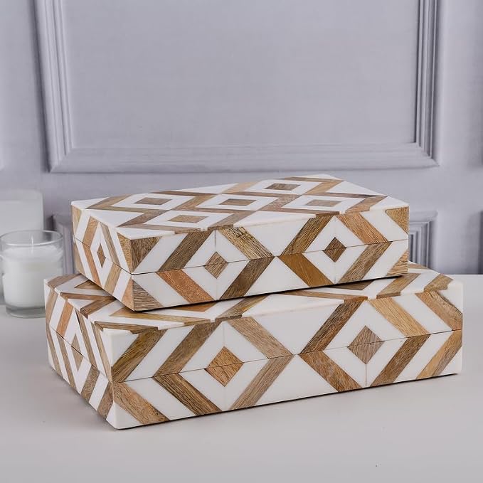 Handicrafts Home White Decorative Storage Box with Lid Wooden Desk Organizer Box Office Storage Box for Workspace Desk Decor Organizer – Resin Inlay Marquet Array Collection - 5x7x1.5