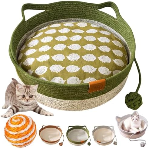 Handwoven Cat Basket with Hanging Ball Toy, Scratchable Cat Lounger Basket for Sleeping, Playing and Relaxing, Cotton Rope Cat Bed Basket with Cat Ear Handles (Green+Mat,S)