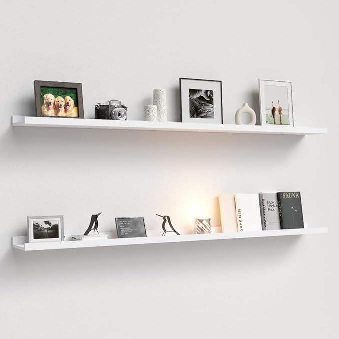 Boswillon Floating Shelves Set of 2, Long Wall Shelf with Lip, 56in, White | Display Ledge Shelf for Room Wall, Wall Decor Shelves for Bathroom, Living Room, Bedroom, Kitchen, Nursery Room, Modern, Wood