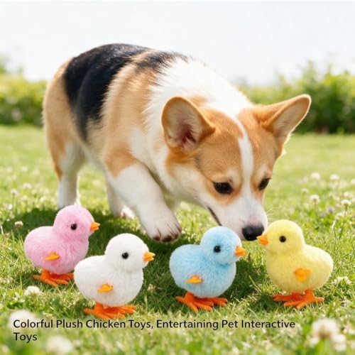Wind Up Plush Chicken Pet Toy Set of 4, Moving Jumping Fluffy Clockwork Chick Toys with Chirp Sound, Interactive Entertainment Play Toys for Cats & Dogs