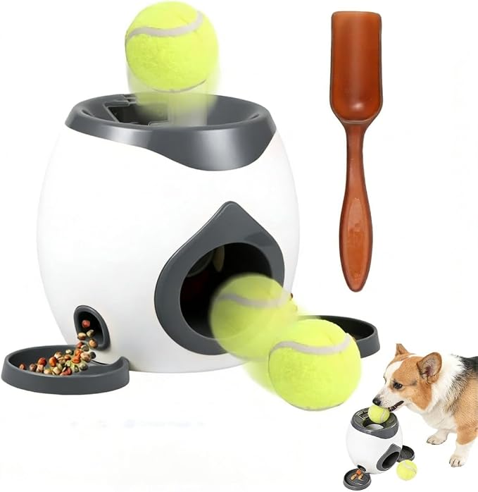 Dog Tennis Ball Launcher with Treat Dispenser, Interactive Puzzle Toy for Dogs, 2-in-1 Fetch Training Machine, Slow Feeder Reward Toy for Medium Large Dogs Indoor Outdoor(C)