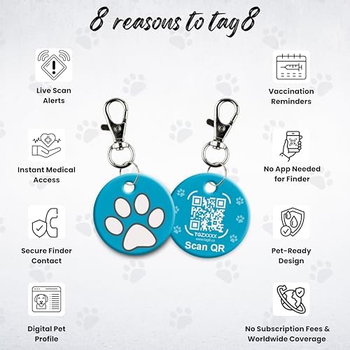 tag8 QR Code ID Tag for Dogs & Cats, Real-Time Scan Alerts, Online Pet Info Access, No Subscription or Fees, Durable Pet Tag for Collars - Blue
