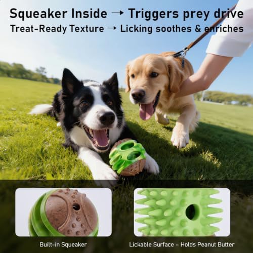 MECOOL 2PCS Durable Dog Chew Toys, Squeaky Chew Ball & Treat Dispensing Toy, Tough Nylon Ends & Natural Rubber for Aggressive Chewers, Interactive Puzzle Toys for All Breed Dogs,Bacon Flavored,Green