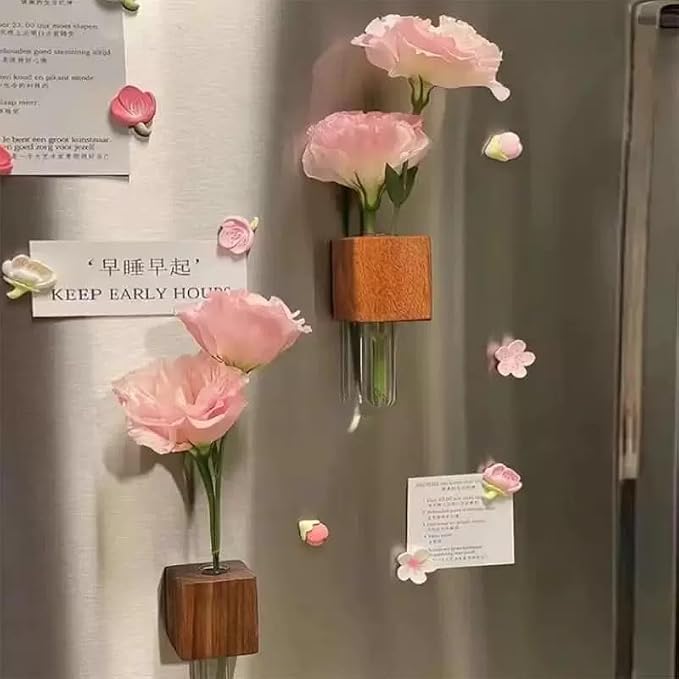 3 Pack Wooden Hydroponic Vase Fridge Magnets, Mini Glass Planter with Strong Magnet for Refrigerator Whiteboard Cabinet, Home Kitchen Decor for Succulents Cuttings Small Flowers