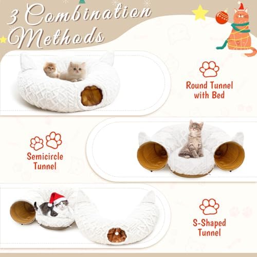 White Plush Christmas Cat Tunnel Tree Skirt with 11Pcs Interactive Cat Toys