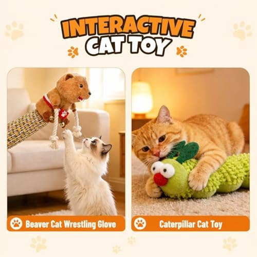 Cat Wrestling Glove Puppet - Interactive Bite Resistant Cat Toy with Arm Sleeve for Scratch Protection, Catnip Caterpillar & Bells | Fun Cat Hand Puppet Gift for Cat Lovers