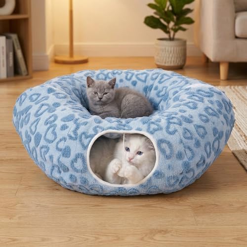 Cat Tunnel Bed, Cute Cat Tunnel Toy with Washable Cushion, Fits Indoor Cats up to 25 lbs, Cute Peekaboo Cave Pet Bed for Kittens, Rabbits, Blue Heart
