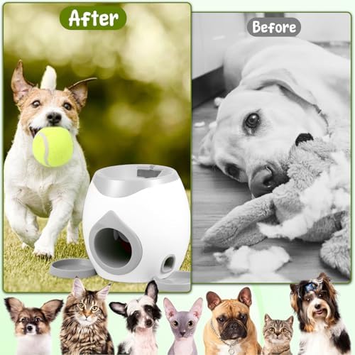 Dog Ball Launcher Interactive Puppy Ball Thrower Machine with Treat Dispenser Fun Dog Training Toys for Indoor Outdoor(Light Grey,2 Balls)