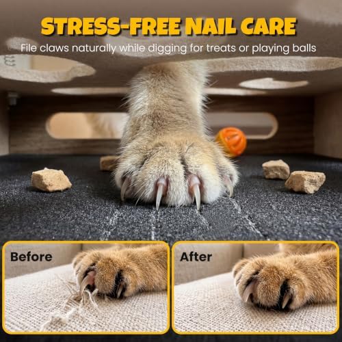 5-in-1 cat nail file scratcher enrichment box - interactive cat toys for indoor cats, Large felt cat puzzle feeder with replaceable sandpaper, Includes 6 balls ,4 spring toys,and feather toy(beige)
