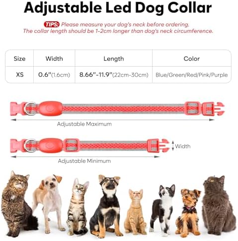 Flashseen LED Dog Collar, Light Up Dog Collar USB Rechargeable, Red, XS