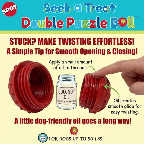 SPOT Seek-A-Treat Double Puzzle Ball Dog Toy, 3.25 in Durable Rubber Treat Dispenser with Dual Openings for Mental Stimulation & Long-Lasting Play, for Dogs up to 50 lbs