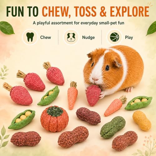 HERCOCCI 15Pcs Guinea Pig Chew Toys, Hamster Toys Prevent Excessive Teeth Growth Natural Vegetables Carrot & Timothy Grass for Guinea Pig Rabbit Chinchillas Gerbil
