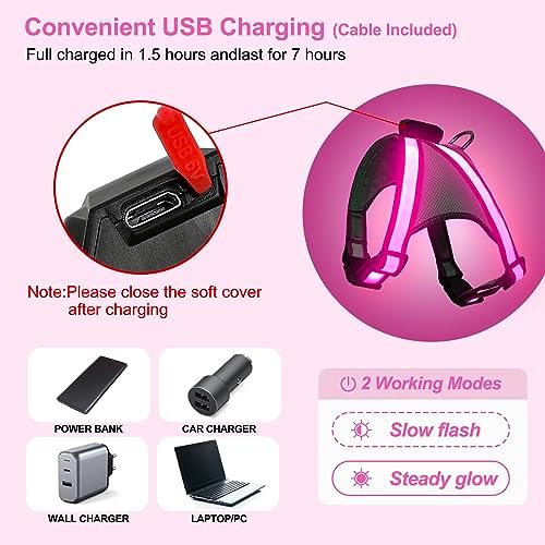 Visinite LED Dog Harness, USB Rechargeable Light Up Dog Vest, 2 Illuminate Modes Glow in The Dark Dog Harness, Adjustable Lighted Pet Harness Light for Night Walking Safety (Pink, M)