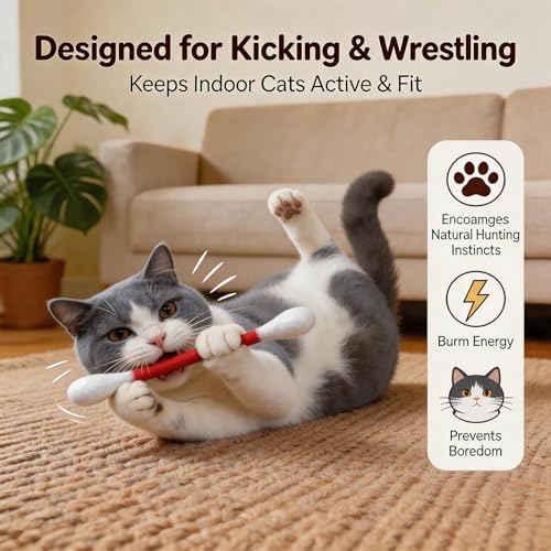 6Pack Cotton Swabs Cat Toys with Catnip, Giant Qtip Chew Sticks & Teething Ropes for Boredom Relief, Durable Interactive Felt Kitty Kicker Toy for Exercise.