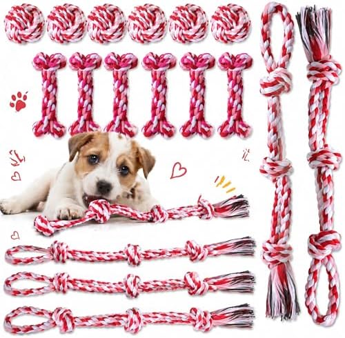 18 Pcs Dog Rope Toys Set Interactive Cotton Chew Toys for Aggressive Chewers Pink 3 Knots Rope Balls for Medium Small Dog Puppy Tug of War Pet Teeth Cleaning Fun Training Birthday Gifts