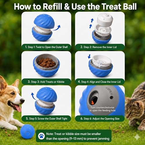 Automatic Rolling Treat Dispensing Pet Ball, Interactive Leaking Food Pet Toy, Dual Mode Rechargeable Puzzle Feeder for Small Medium Dogs & Indoor Cats（2.83In,0.36lb,Blue）