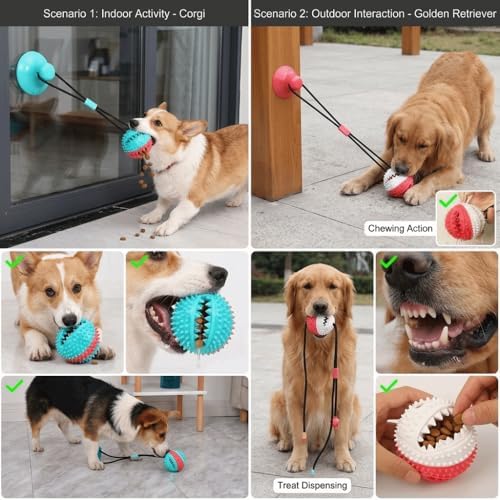 Dog Chew Toys Suction Cup Ball with Bell Interactive, Rubber Molar Teeth Cleaning Ball for Food Dispensing and Tug-of-War Games(Red‑White)