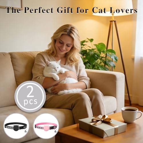Tensho 2-Pack Breakaway Cat Collar with Airtag Holder, Bell（Black and Pink）