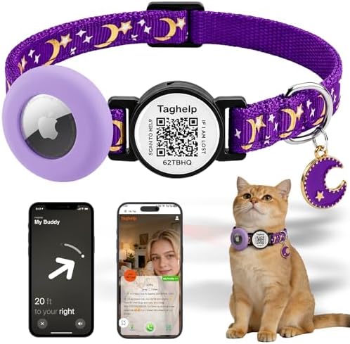 Stars and Moon AirTag Cat Collar with AirTag Holder,Air Tag Cat Collar for Apple. Solid & Safe, Pet Collar, Breakaway Cat Collar, Scan QR for Instant Location Alerts.NO APP(Purple)