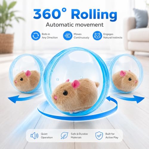 Self Rolling Interactive Cat Ball, Automatic Moving Cat Toy with Plush Animal Inside, 360° Rolling Cat Chasing Ball with Transparent Ball for Cats Dogs Small Pets (Blue,Brown Mouse)