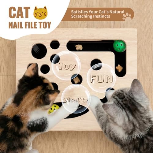 Cat Scratch Puzzle Enrichment Box, Wood Interactive Cat Toy with Sandpaper