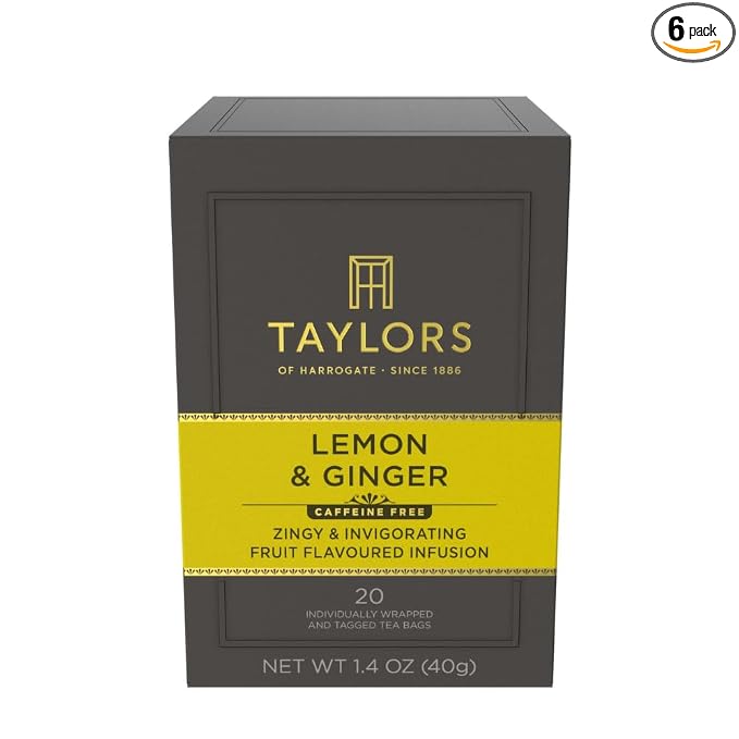 Taylors of Harrogate Lemon & Ginger, Herbal Tea, Individually Wrapped Bags, 20 Count (Pack of 6), Cleansing, Invigorating and Citrussy, Caffeine-Free, Enjoy Hot or Iced, 120 Teabags Total