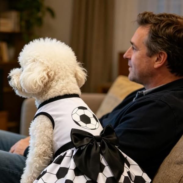 PUPTECK Soccer Ball Dog Dress with Bow, Cute Dog Skirt White and Black S | Breathable Soft Pet Clothes for Small Medium Dogs Cats, Puppy Outfits Apparel Costume for Game Day Celebration Holiday Party