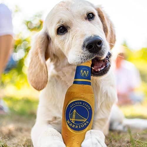 Pets First NBA Golden State Warriors Beer Bottle Plush Dog & CAT Squeak Toy - Cutest Stadium SODA Bottle Snack Plush Toy for Dogs & Cats with Inner Squeaker & Beautiful Basketball Team Name/Logo