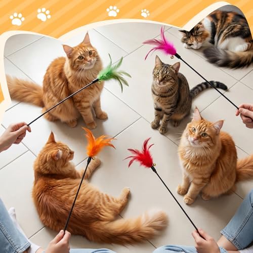 Leitee 15 Pcs Cat Feather Toy Wand Bulk Interactive Stick, Bright Color