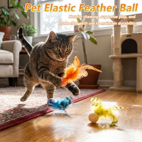 5 Pcs Feather Cat Toy, Cat Toy Balls with Natural Feathers, Interactive Indoor Cats Toys for Playful Kittens, Feather Bouncy Balls for Cats