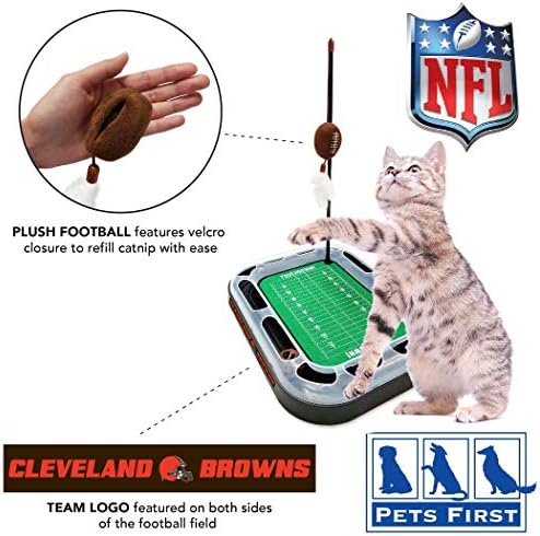 Pets First Cat Toy NFL CLEVELAND BROWNS FOOTBALL FIELD CAT SCRATCHER TOY with CATNIP Filled Plush FOOTBALL Toy & Feather Cat Toy hanging, with Jingle Bell INTERACTIVE BALL Cat Chasing 5-in-1 KITTY Toy