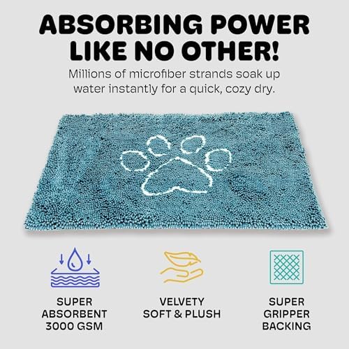 Dog Gone Smart Dirty Dog Doormat & Shammy -Super Absorbent, Fast Drying Polyester & Polyamide Microfiber Mat & Towel with Dual Hand Pockets, Non-Slip Backing & Machine Washable -Pacific Blue, 31x20 In