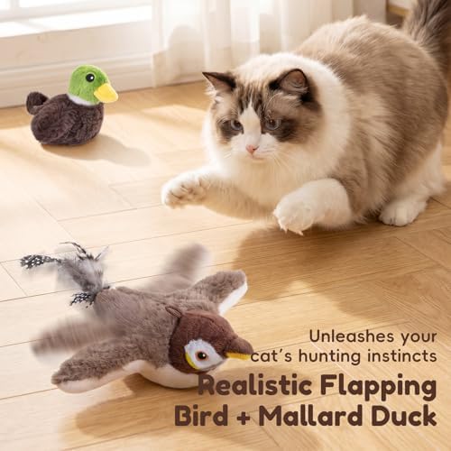 2 Pack Interactive Flapping Bird & Green Duck Cat Toy, Motion Activated Chirping Cat Toy with Catnip, 3 Modes USB Rechargeable Washable Simulation Flying Bird Toys for Indoor Cats