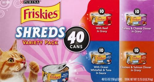 Friskies Purina Wet Cat Food Variety Pack, Shreds with Beef, Turkey & Cheese Dinner, Chicken & Salmon Dinner, and with Ocean Whitefish and Tuna - 5.5 oz. Cans (Pack of 80)