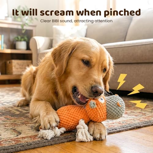 Squeaky Plush Duck Dog Toy for Aggressive Chewers with Built-in Sound (Pink Cow)