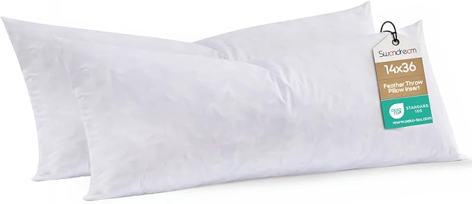 14x36 Feather Long Lumbar Pillow Inserts, Decorative Throw Pillow Inserts for Covers, Fuller Fit with Soft Support for Bed and Couch, Set of 2