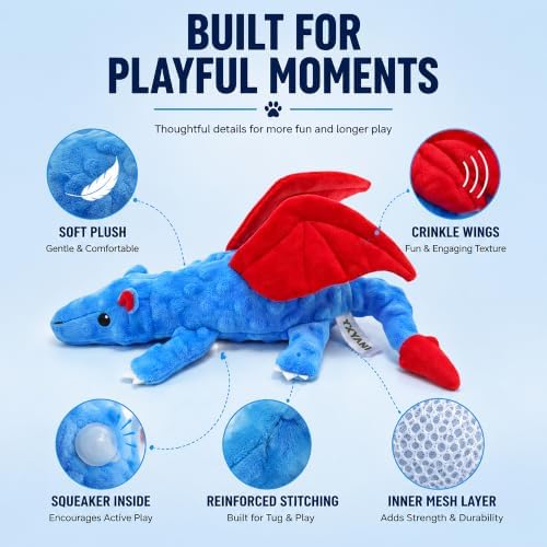 Dragon Plush Dog Toy with Squeaker & Crinkle Wings, 14 Inch