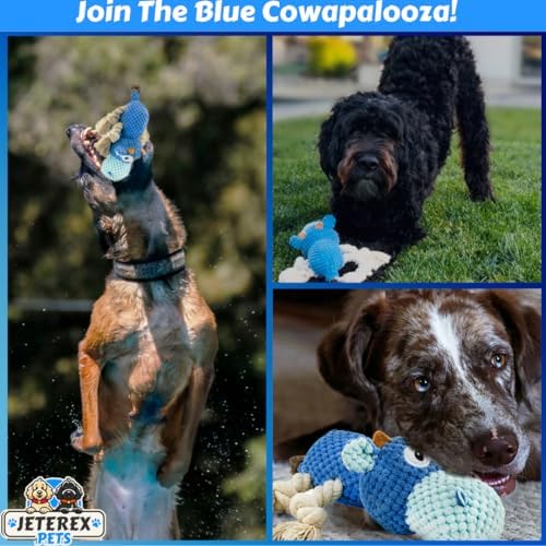 Large Dog Toy - Blue Cow Squeaky Dog Toys for Large Dogs, Medium and Small Dogs. Durable with Pineapple Plush Fabric, Rope Legs, Hidden Seams, Reinforced Stress Points, Embroidered Eyes