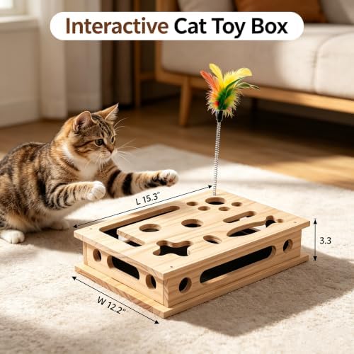 Cat Nail File Box, Solid Wood Scratch Puzzle Enrichment Toy, Hunting Play for Indoor Cats, Reduces Anxiety, Sharpens Claws Naturally