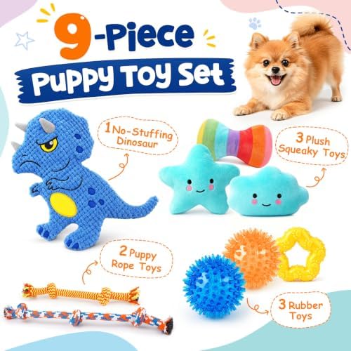 KIPRITII 9 Pack Puppy Toys for Teething, Small Dog Toys Set Keep Dogs Busy | No-Stuffing Dinosaur-Shaped Toy, Squeaky & Chew Play, Tug & Fetch, Boredom Relief, Indoor Play, Outdoor Interaction