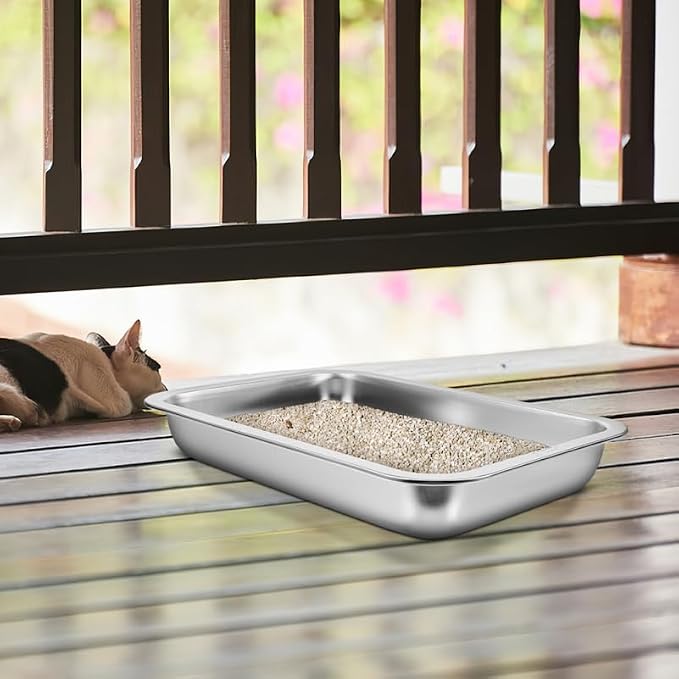 INOOMP Stainless Steel Cat Litter Box Open Design Large Metal Litter Pan Easy to Clean Portable Kitten Tray for Cats and Small Pets
