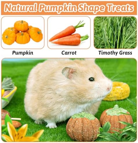 Fhiny 12 PCS Rabbit Chew Toys, Natural Pumpkin Carrot Timothy Grass Guinea Pig Chew Toys for Teeth Bunny Molar Snacks Dental Care Hamster Treats for Bunny Guinea Pig Chinchilla Hamster Gerbil