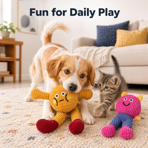 waithem Cat&Dog Chew Toys with Catnip Inside, Ecofriendly Material Made, Crinkle Paper & Squeaky Ball Inside, Waffle and Baby Toy Combination Packaging, Cuddles Meow Chompclean, 2 Pack (Yellow&Pink)