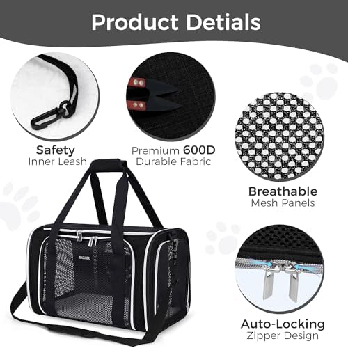 BAGLHER Pet Travel Carrier, Cat Carriers Dog Carrier for Small Medium Cats Dogs Puppies, Airline Approved Small Dog Carrier Soft Sided, Collapsible Puppy Carrier. Black