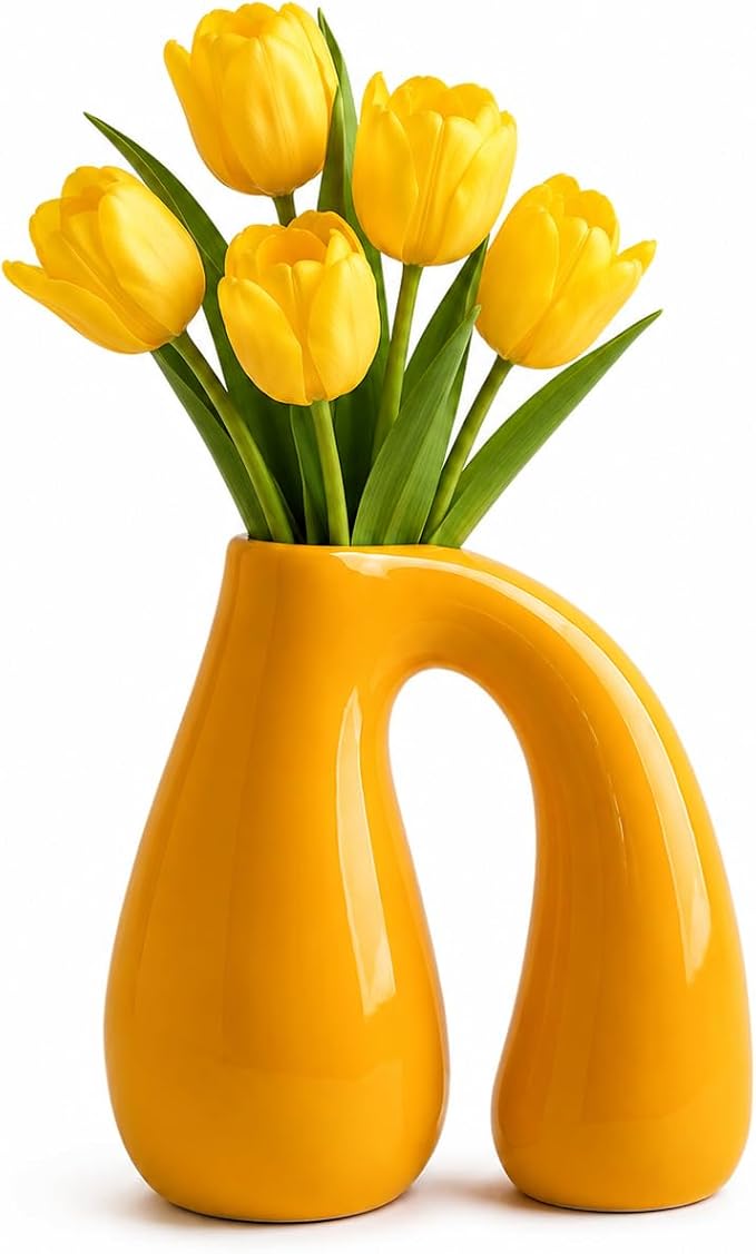 Yellow Ceramic Vase for Pampas, Boho Shelf & Table Decor | Holds Dried Stems and Faux Florals - Sculptural Accent for Mantel, Console and Entryway