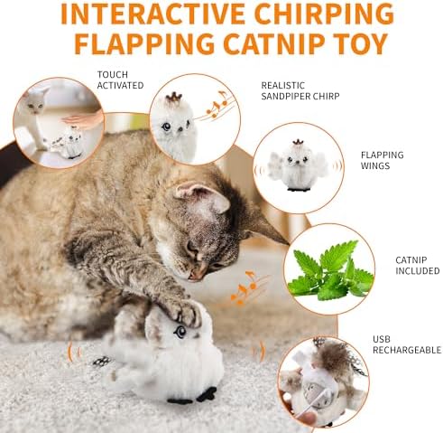 Gigwi Flapping Bird Cat Toys Lifelike Sandpiper Chirp Tweet Interactive Cat Toy, Rechargeable Motion Activated Cat Toys For Bored Indoor Adult Cats, Electronic Automatic Cat Toy With Catnip (prince)