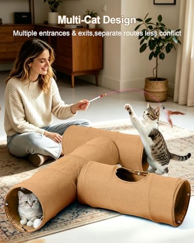 Cat Tunnel, 3 Straight Shaped Tunnels 6 DIY Shapes with Wand Toys, No Noise Scratch Resistant Cool Linen Fabric, Interactive Pet Tunnel Tube for Indoor Cats, Puppy and Rabbits