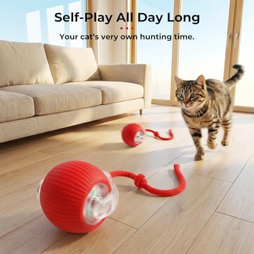 Interactive electric automatic 360 rolling USB rechargeable motion-sensing toy smart chasing cat ball, equipped with a quick tail rope, specially designed for active adult cats and indoor dogs.