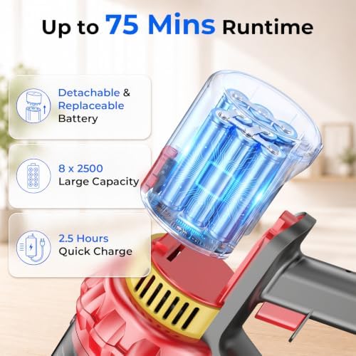 Cordless Vacuum Cleaner, 600W 55KPa Max 75mins Stick Vacuum for Pet Hair | LED Smart Display, Anti-Tangle Brush, 2.5H Fast Charge, 1.5L Dust Cup, 2 Rollers, Handheld Cleaning for Hard Floors, Carpet